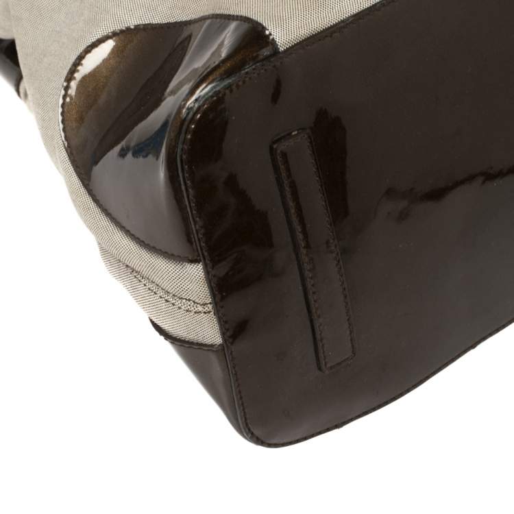 Pre Owned Bvlgari Dark Brown/Grey Canvas and Patent Leather Middle Zip Tote