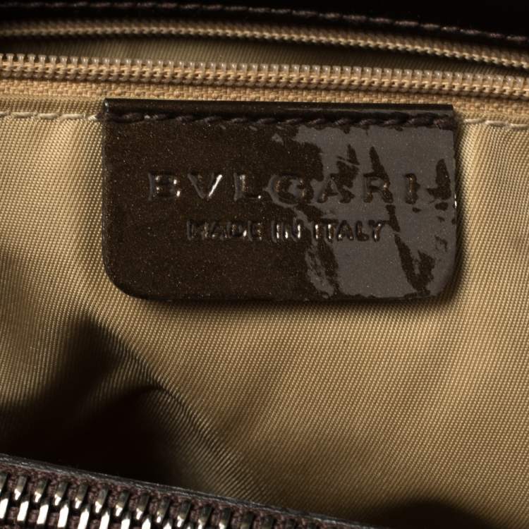 Pre Owned Bvlgari Dark Brown/Grey Canvas and Patent Leather Middle Zip Tote
