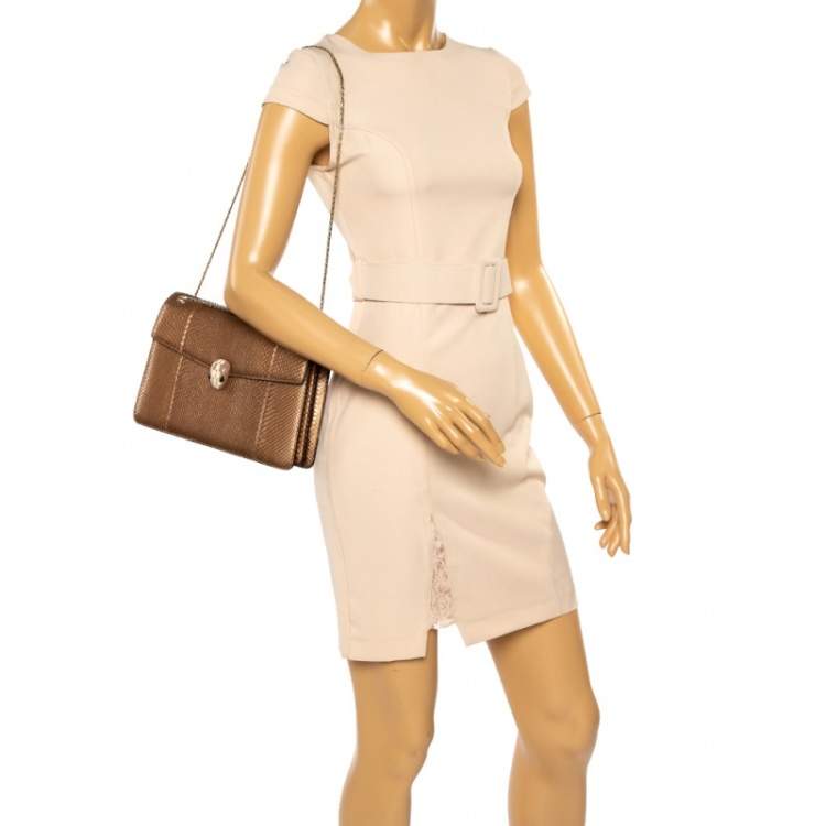 Pre Owned Bvlgari Bronze Python Medium Serpenti Forever Flap Shoulder Bag