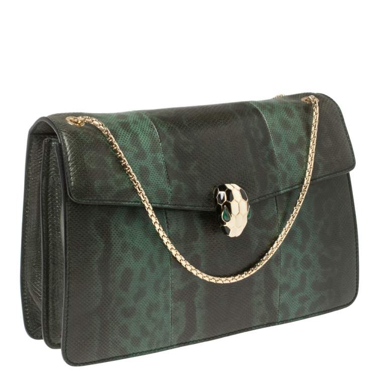 Pre Owned Bvlgari Green Lizard Medium Serpenti Forever Shoulder Bag 