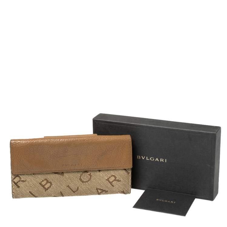 Pre Owned Bvlgari Brown/Beige Mania Canvas and Leather Double Flap Continental Wallet