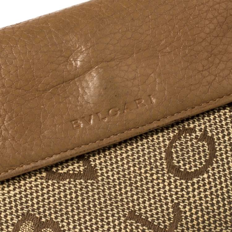 Pre Owned Bvlgari Brown/Beige Mania Canvas and Leather Double Flap Continental Wallet