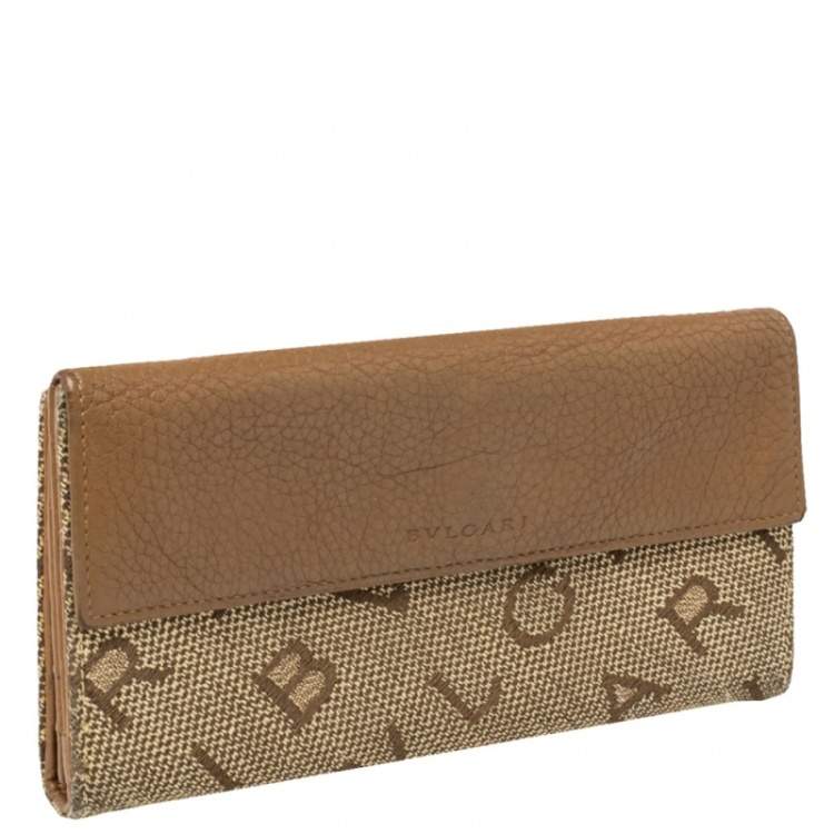Pre Owned Bvlgari Brown/Beige Mania Canvas and Leather Double Flap Continental Wallet