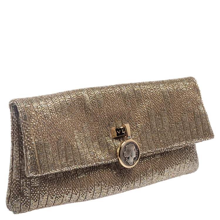 Pre Owned Bvlgari Beige Satin Monete Beaded Clutch