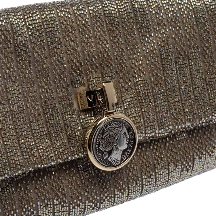 Pre Owned Bvlgari Beige Satin Monete Beaded Clutch
