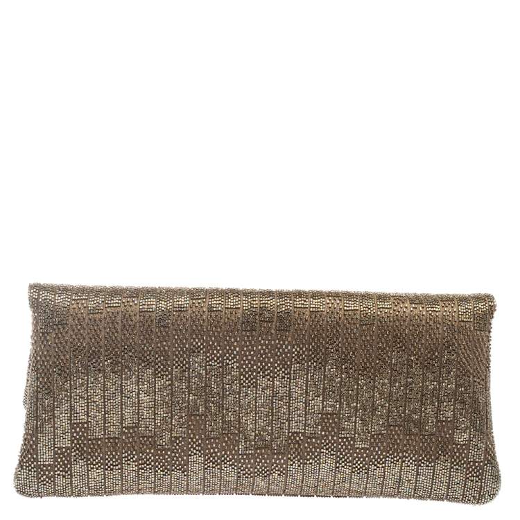 Pre Owned Bvlgari Beige Satin Monete Beaded Clutch