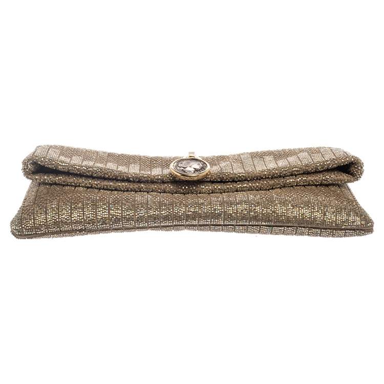 Pre Owned Bvlgari Beige Satin Monete Beaded Clutch