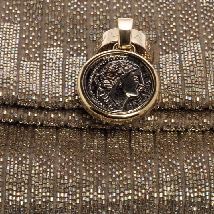 Pre Owned Bvlgari Beige Satin Monete Beaded Clutch