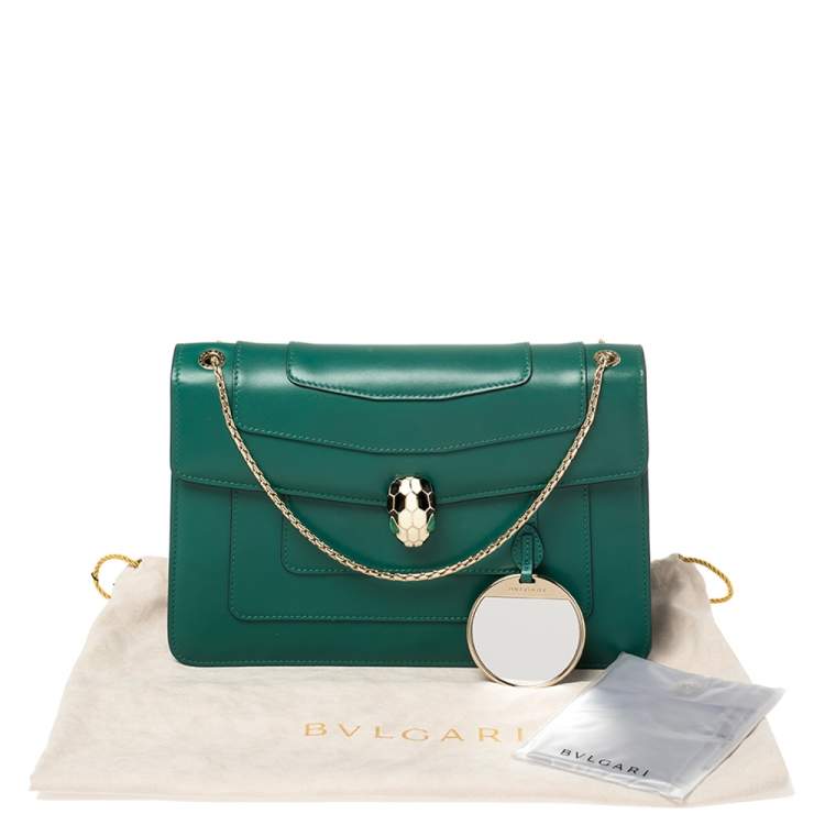 Pre Owned Bvlgari Green Leather Medium Serpenti Forever Flap Shoulder Bag