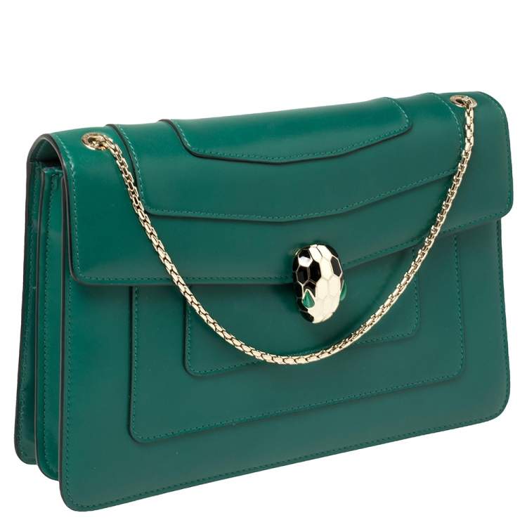 Pre Owned Bvlgari Green Leather Medium Serpenti Forever Flap Shoulder Bag