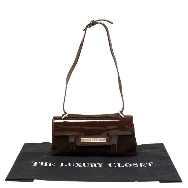Pre Owned Bvlgari Mocha Brown Corduroy and Patent Leather Logo Flap Top Handle Bag