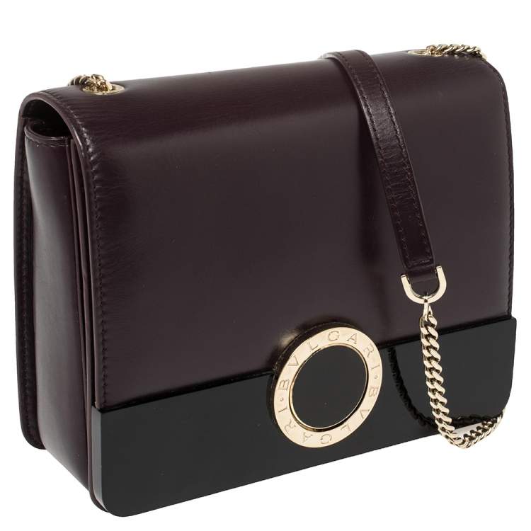Pre Owned Bvlgari Plum/Black Leather and Perspex Small Flap Cover Shoulder Bag
