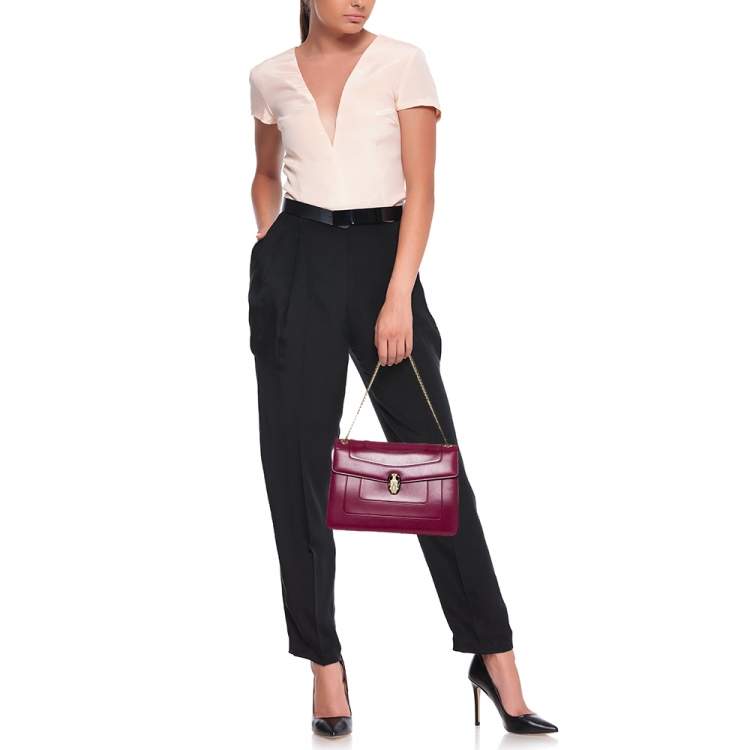 Pre Owned Bvlgari Purple Leather Medium Serpenti Forever Flap Shoulder Bag