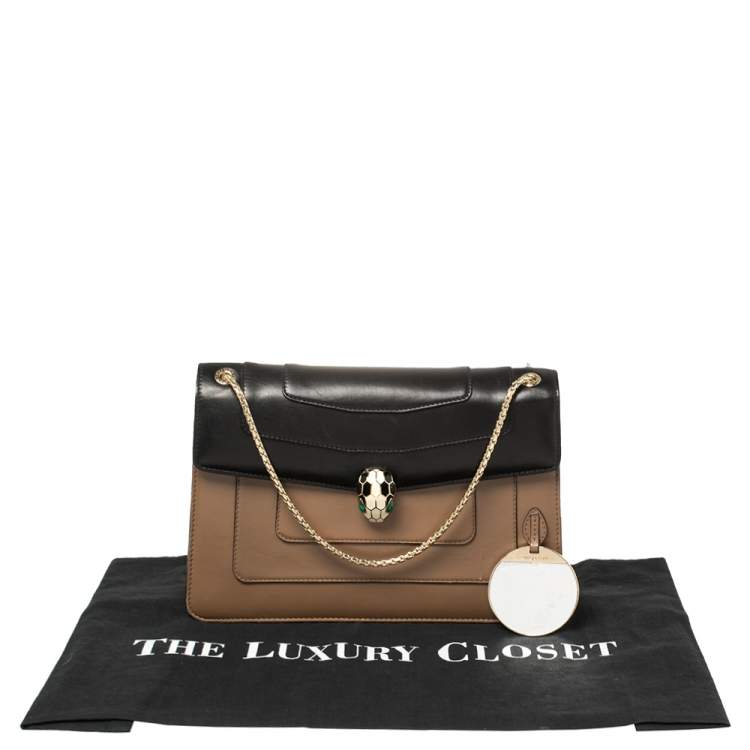 Pre Owned Bvlgari Tan/Black Leather Medium Serpenti Forever Flap Shoulder Bag