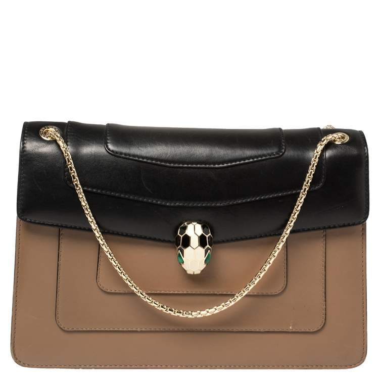 Pre Owned Bvlgari Tan/Black Leather Medium Serpenti Forever Flap Shoulder Bag