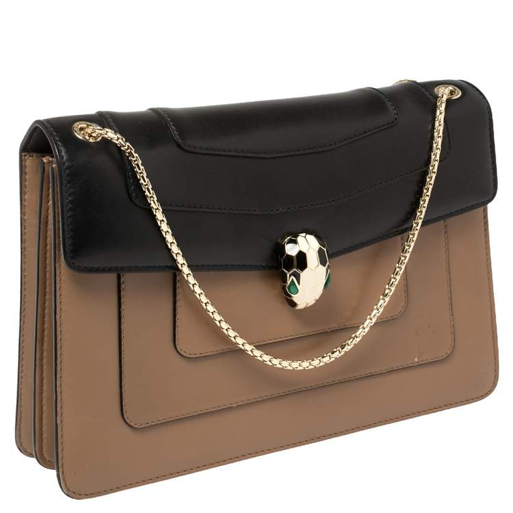 Pre Owned Bvlgari Tan/Black Leather Medium Serpenti Forever Flap Shoulder Bag