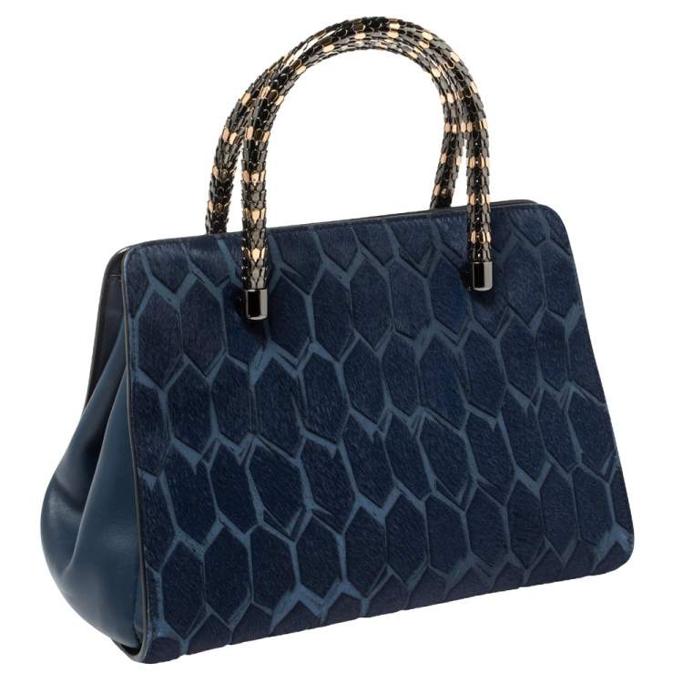 Pre Owned Bvlgari Blue Leather and Calf Hair Serpenti Scaglie Tote