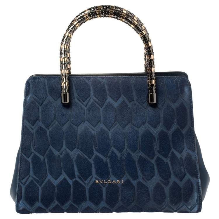 Pre Owned Bvlgari Blue Leather and Calf Hair Serpenti Scaglie Tote