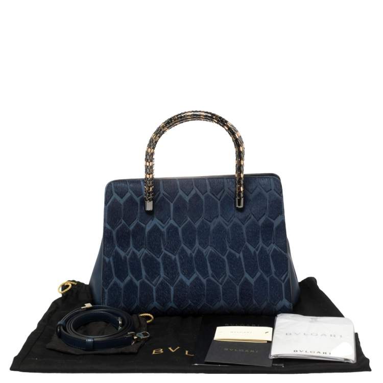 Pre Owned Bvlgari Blue Leather and Calf Hair Serpenti Scaglie Tote