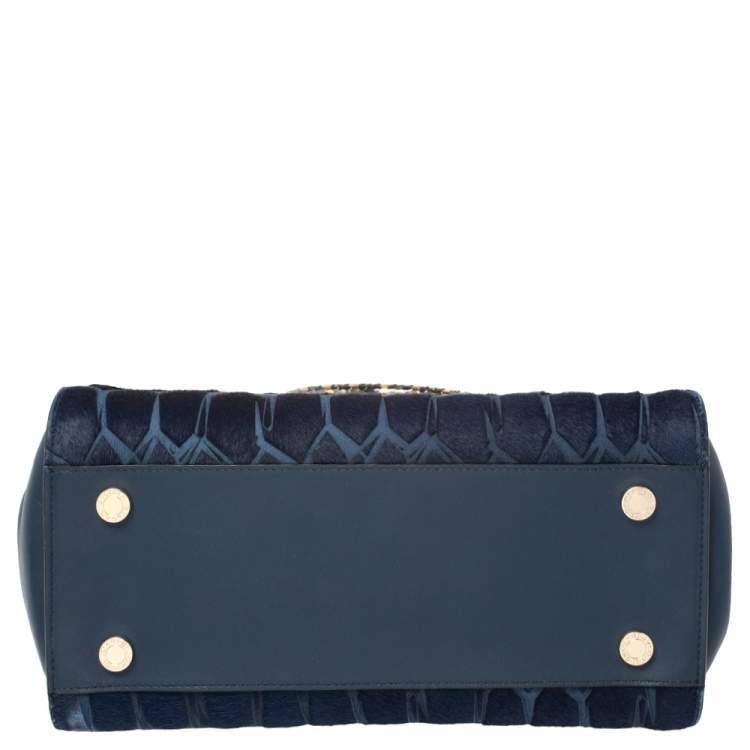 Pre Owned Bvlgari Blue Leather and Calf Hair Serpenti Scaglie Tote