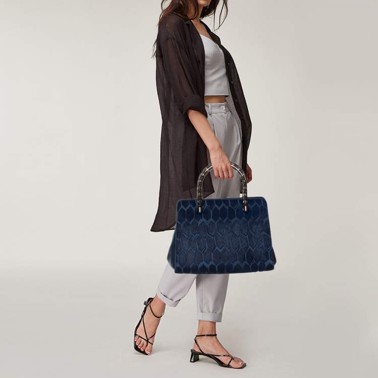 Pre Owned Bvlgari Blue Leather and Calf Hair Serpenti Scaglie Tote