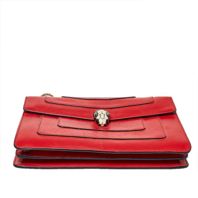Pre Owned Bvlgari Red Leather Medium Serpenti Forever Flap Shoulder Bag