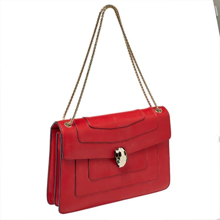 Pre Owned Bvlgari Red Leather Medium Serpenti Forever Flap Shoulder Bag