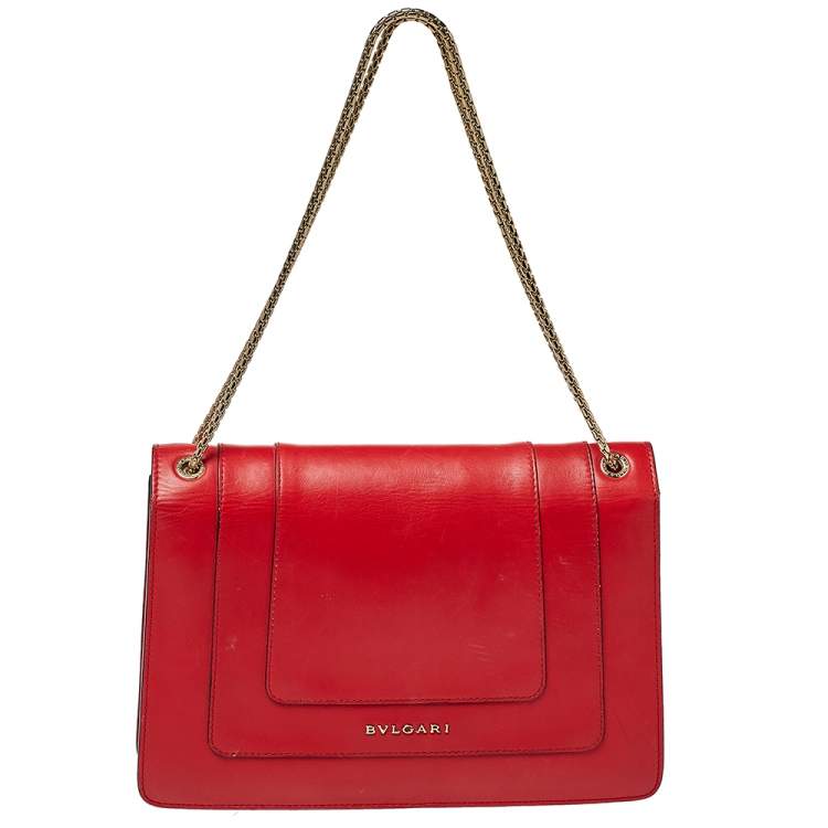 Pre Owned Bvlgari Red Leather Medium Serpenti Forever Flap Shoulder Bag