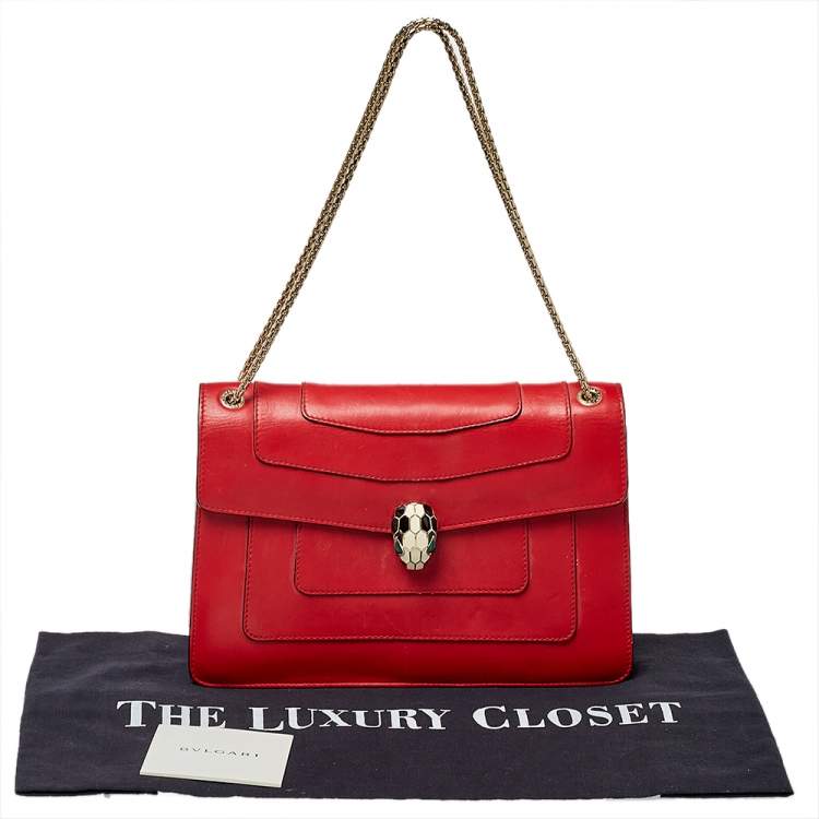 Pre Owned Bvlgari Red Leather Medium Serpenti Forever Flap Shoulder Bag