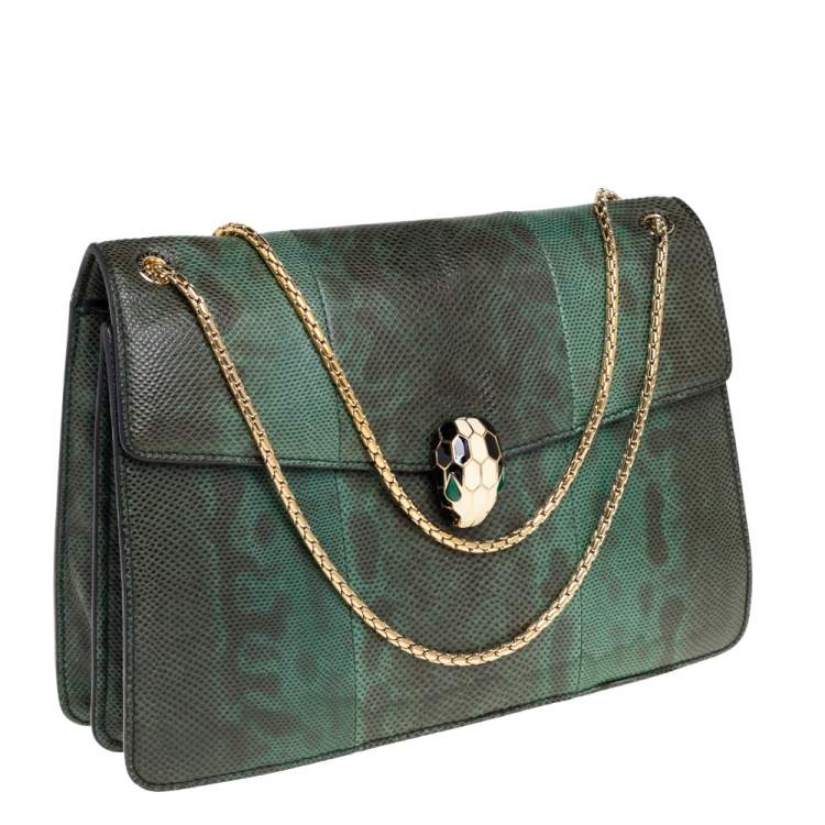 Pre Owned Bvlgari Green Karung Medium Serpenti Forever Flap Shoulder Bag