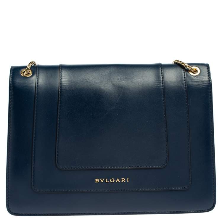 Pre Owned Bvlgari Blue Leather Medium Serpenti Forever Flap Shoulder Bag
