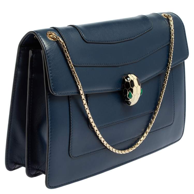 Pre Owned Bvlgari Blue Leather Medium Serpenti Forever Flap Shoulder Bag