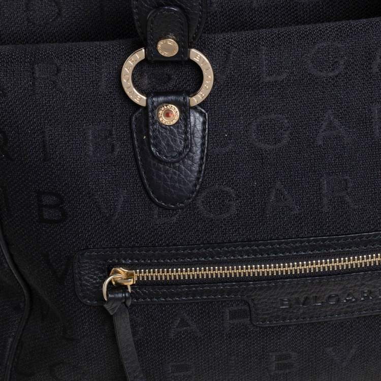 Pre Owned Bvlgari Black Logo Mania Canvas and Leather Boston Duffel Bag