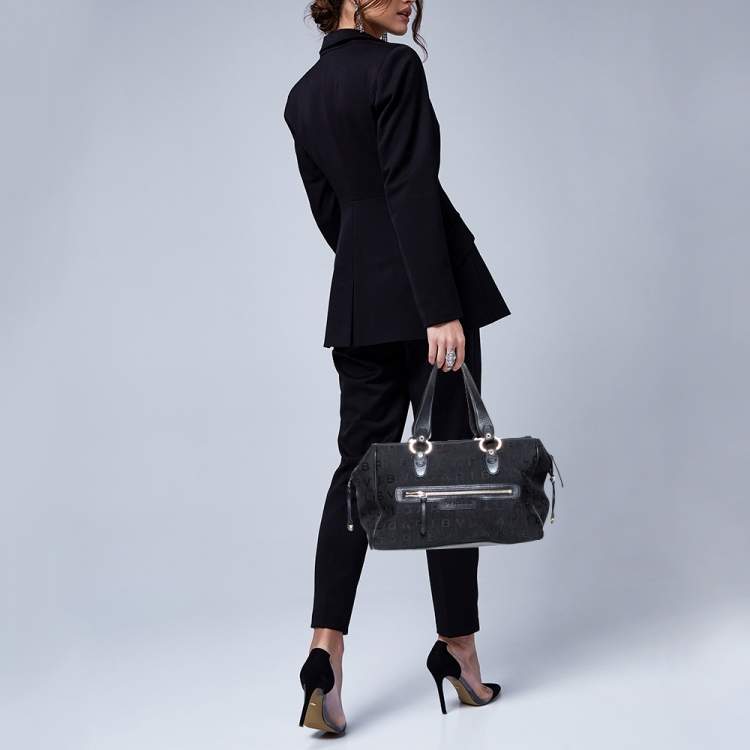 Pre Owned Bvlgari Black Logo Mania Canvas and Leather Boston Duffel Bag