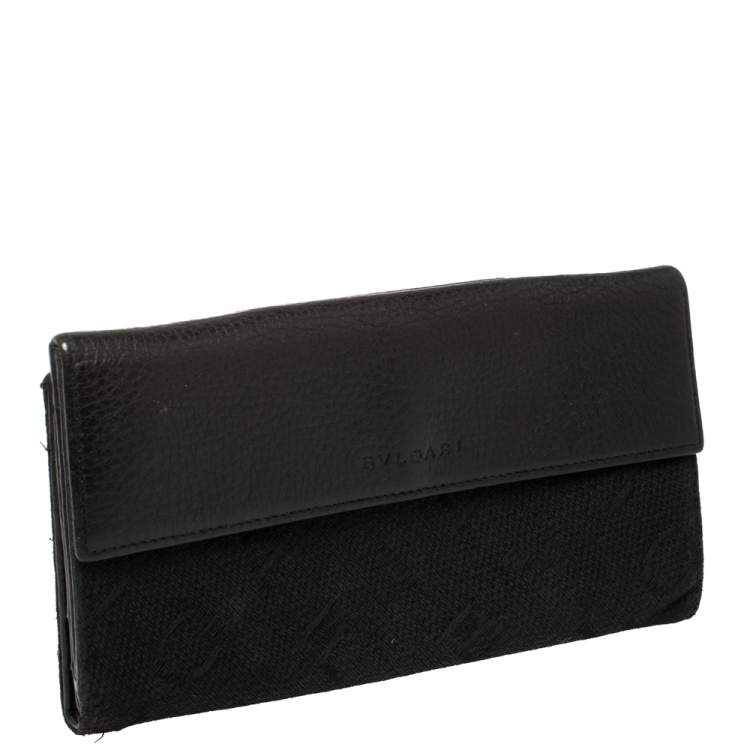 Pre Owned Bvlgari Black Logo Mania Canvas and Leather Flap Continental Wallet