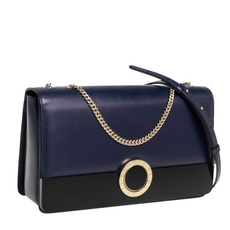 Pre Owned Bvlgari Blue/Black Leather and Perspex Medium Flap Crossbody Bag