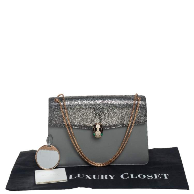Pre Owned Bvlgari Grey Stingray and Leather Medium Serpenti Forever Shoulder Bag