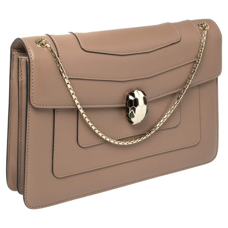 Pre Owned Bvlgari Dark Beige Leather Medium Serpenti Forever Shoulder Bag