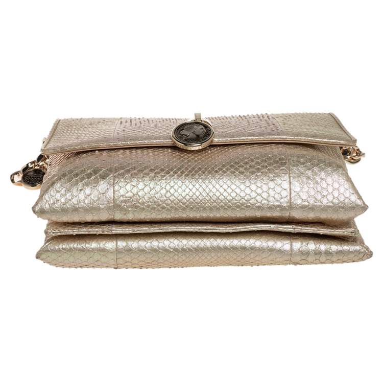 Pre Owned Bvlgari Beige Iridescent Snakeskin Monete Flap Chain Bag 