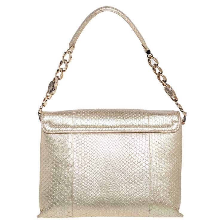 Pre Owned Bvlgari Beige Iridescent Snakeskin Monete Flap Chain Bag 