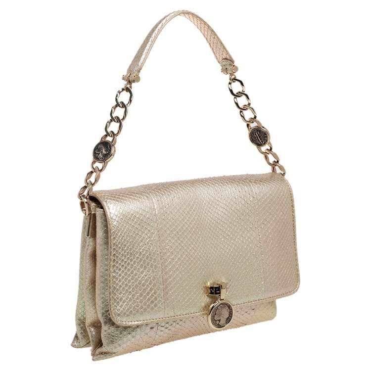 Pre Owned Bvlgari Beige Iridescent Snakeskin Monete Flap Chain Bag 