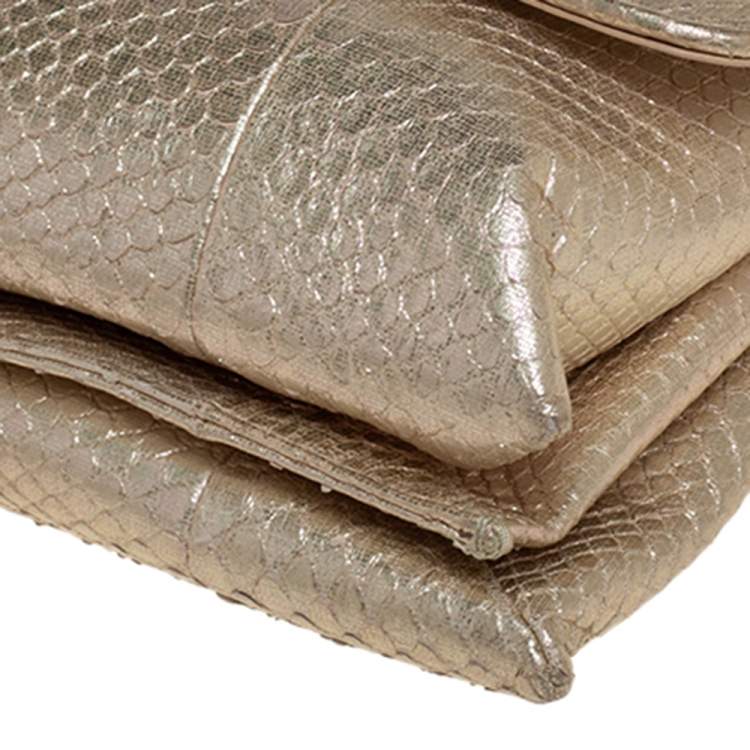 Pre Owned Bvlgari Beige Iridescent Snakeskin Monete Flap Chain Bag 