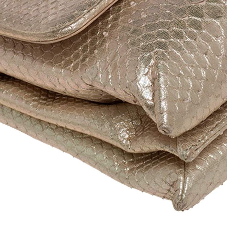 Pre Owned Bvlgari Beige Iridescent Snakeskin Monete Flap Chain Bag 