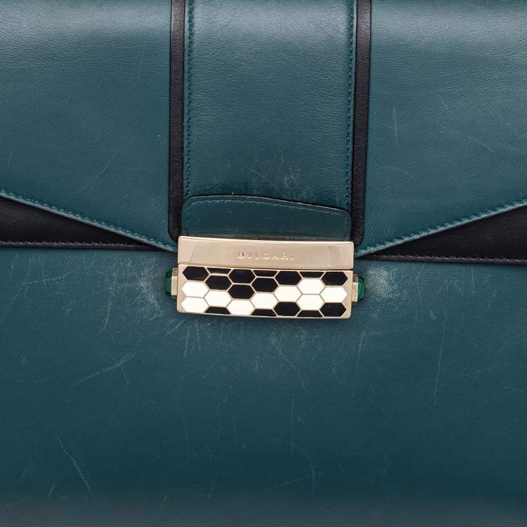 Pre Owned Bvlgari Green/Black Leather Medium Serpenti Viper Top Handle Bag