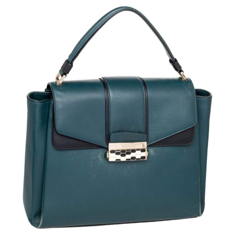 Pre Owned Bvlgari Green/Black Leather Medium Serpenti Viper Top Handle Bag