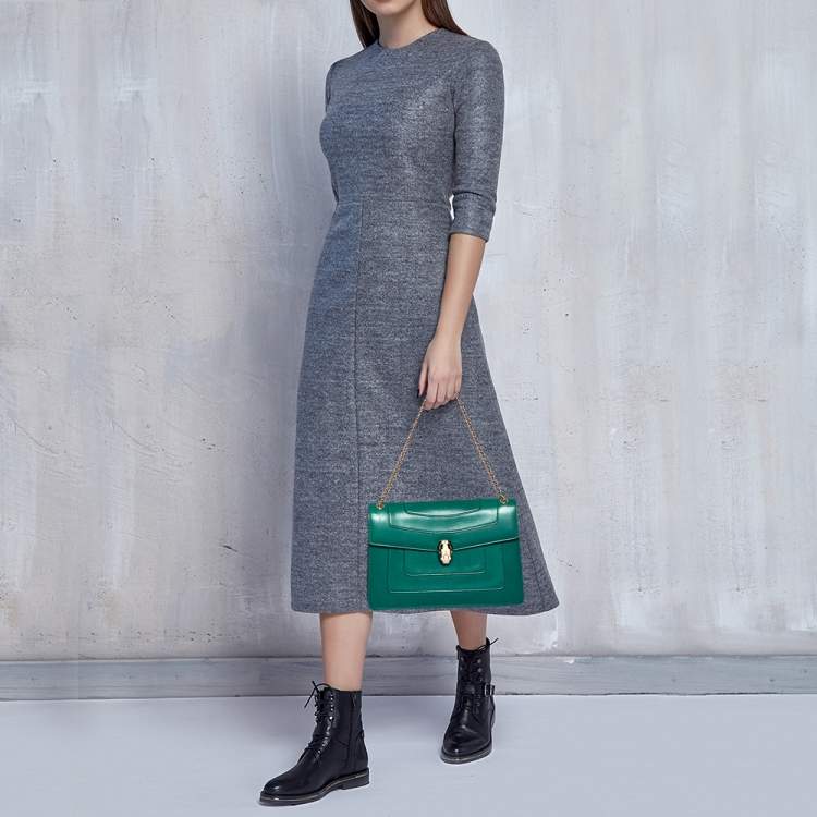 Pre Owned Bvlgari Green Leather Medium Serpenti Forever Shoulder Bag