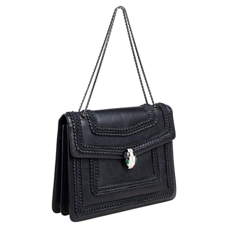 Pre Owned Bvlgari Black Leather Large Plisse Serpenti Forever Shoulder Bag