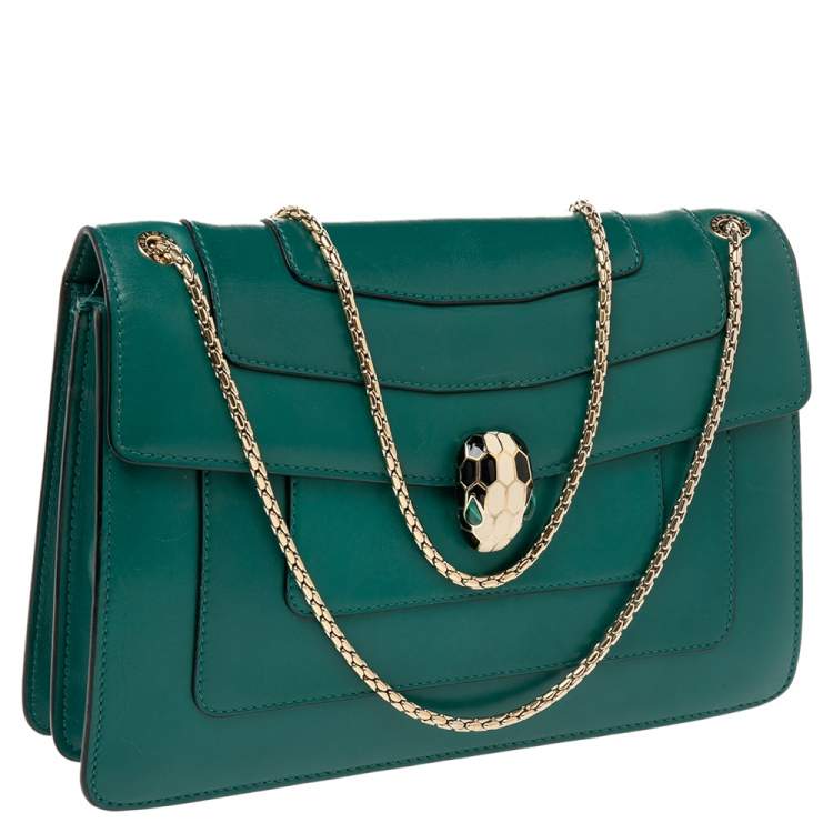 Pre Owned Bvlgari Green Leather Medium Serpenti Forever Flap Shoulder Bag
