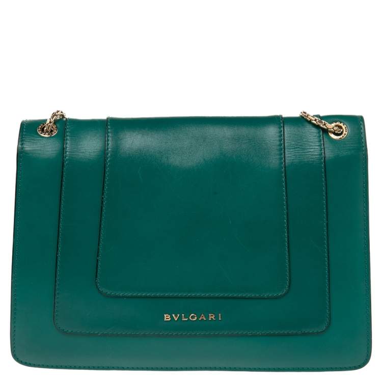 Pre Owned Bvlgari Green Leather Medium Serpenti Forever Flap Shoulder Bag