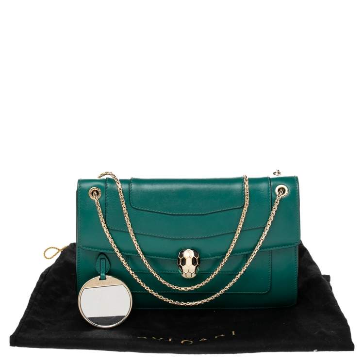 Pre Owned Bvlgari Green Leather Medium Serpenti Forever Flap Shoulder Bag